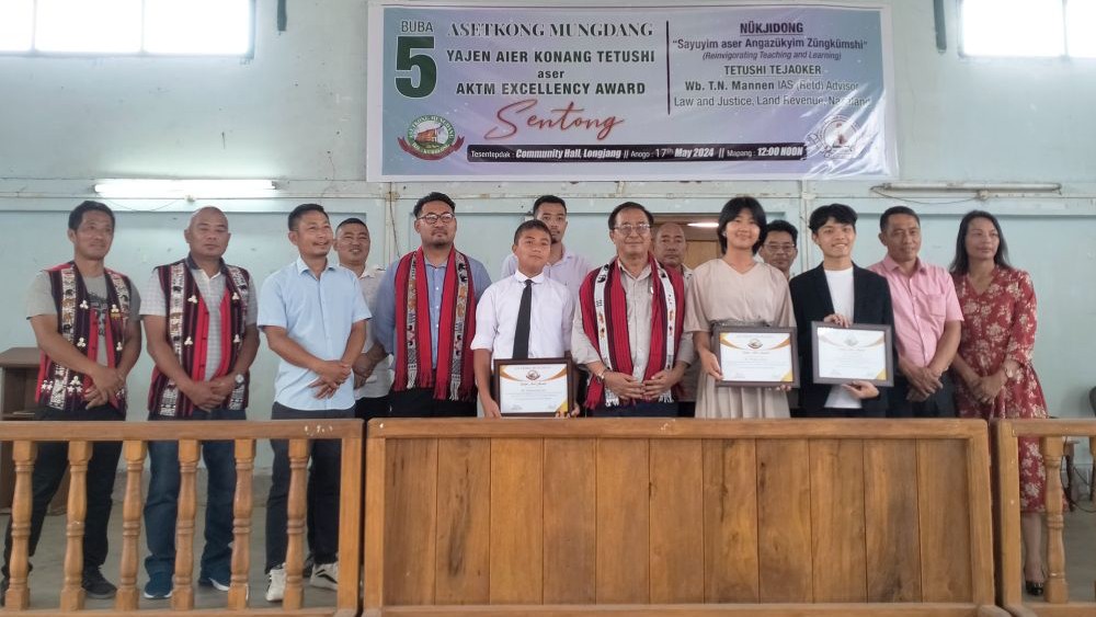 Yajen Aier Honorary award and Asetkong Students’ Excellency award programme recipients with guest of honour at Longjang Community Hall, Longjang village, Mokokchung on May 17.
